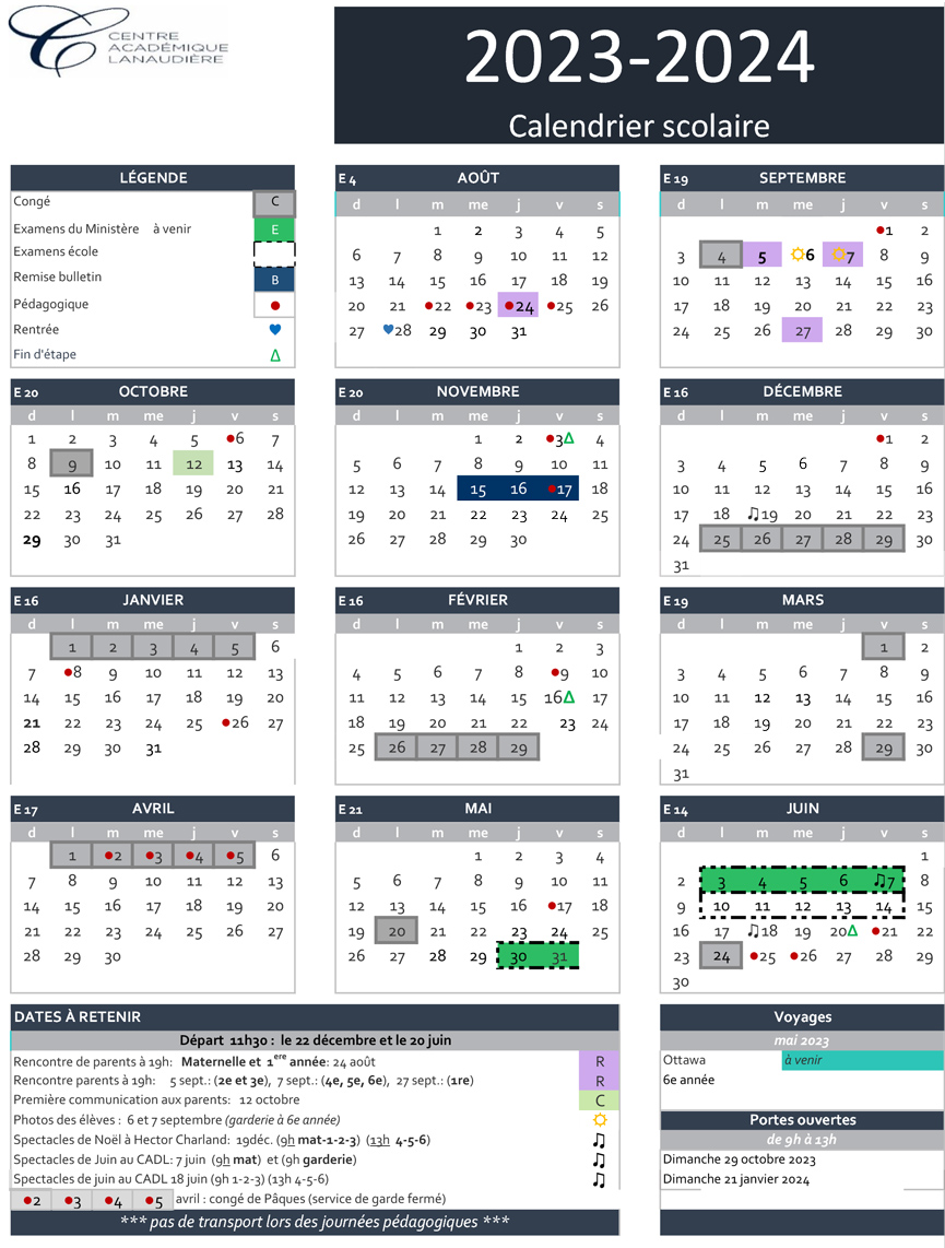 Le calendrier scolaire - Centre Académique de Lanaudière - École privée  d'enseignement préscolaire et primaire