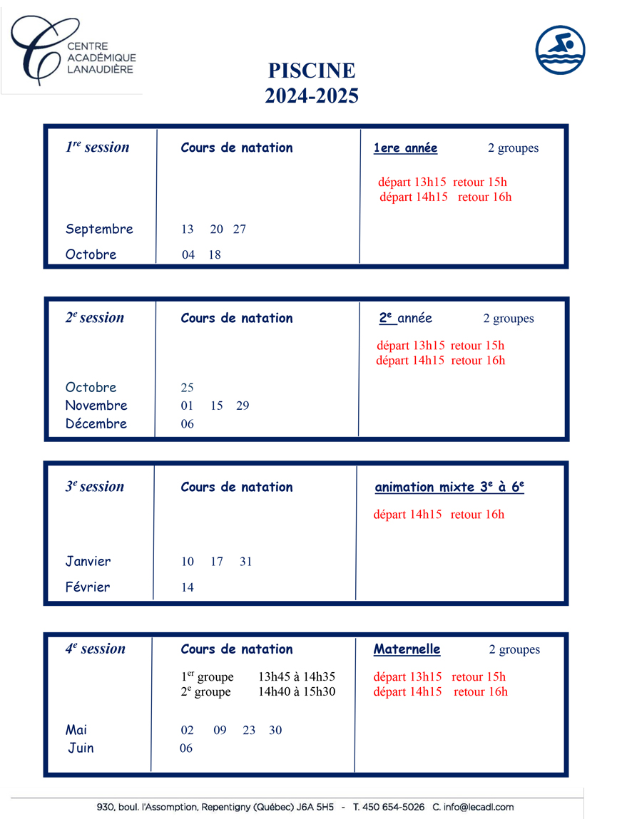 Horaire piscine 2024-2025