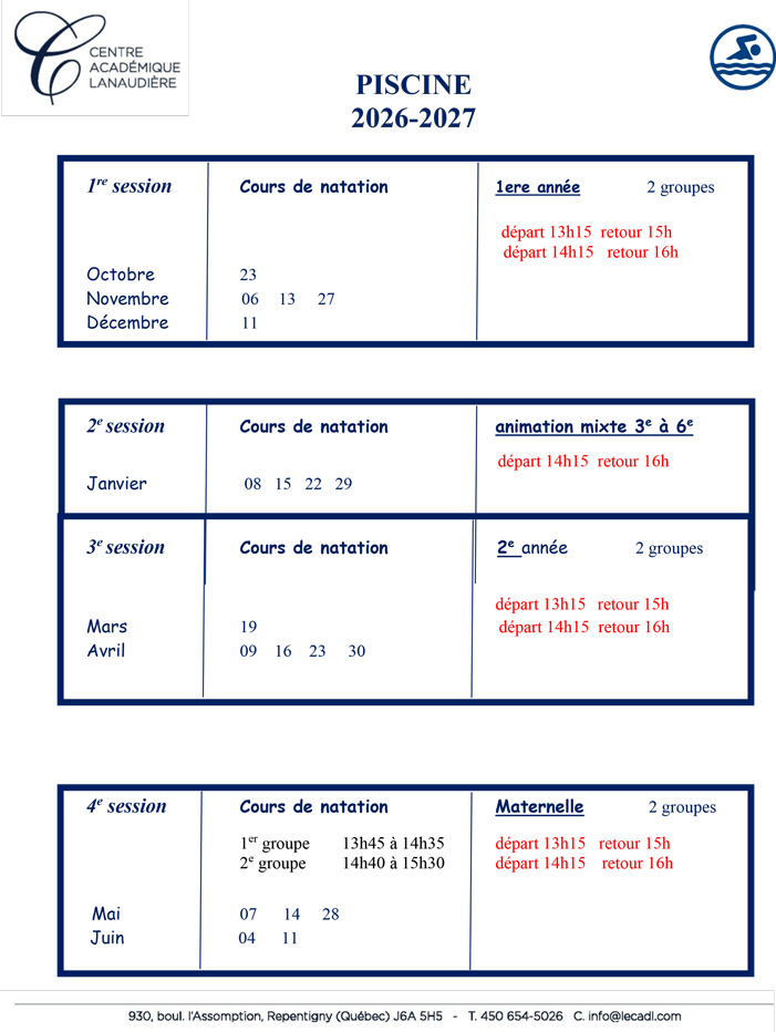 Horaire piscine 2026-2027